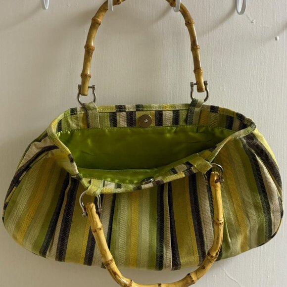 GREEN STRIPED PURSE WITH WOODEN HANDLES - Picture 3 of 3